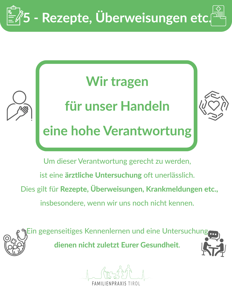 Hinweis zu Rezepten und Überweisungen: Für viele Anliegen ist eine ärztliche Untersuchung notwendig, besonders bei neuen Patient:innen.