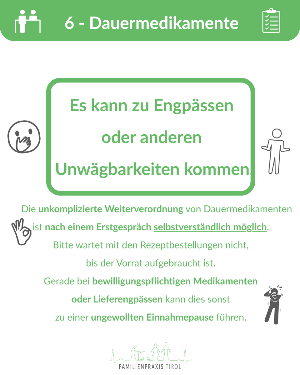 Information zu Dauermedikamenten: Erstgespräch erforderlich, rechtzeitige Rezeptbestellung empfohlen – Engpässe und Lieferprobleme möglich.
