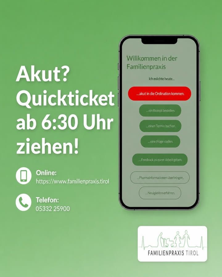 „Akut? Quickticket ab 6:30 Uhr ziehen!“ — daneben ein Handy, auf dem die Startseite der Familienpraxis Tirol zu sehen ist: „Ich möchte heute…“ mit der rot hervorgehobenen Auswahl „…akut in die Ordination kommen.“ und weiteren Möglichkeiten darunter. Links die Kontaktdaten https://www.familienpraxis.tirol und Telefon 05332 25900.