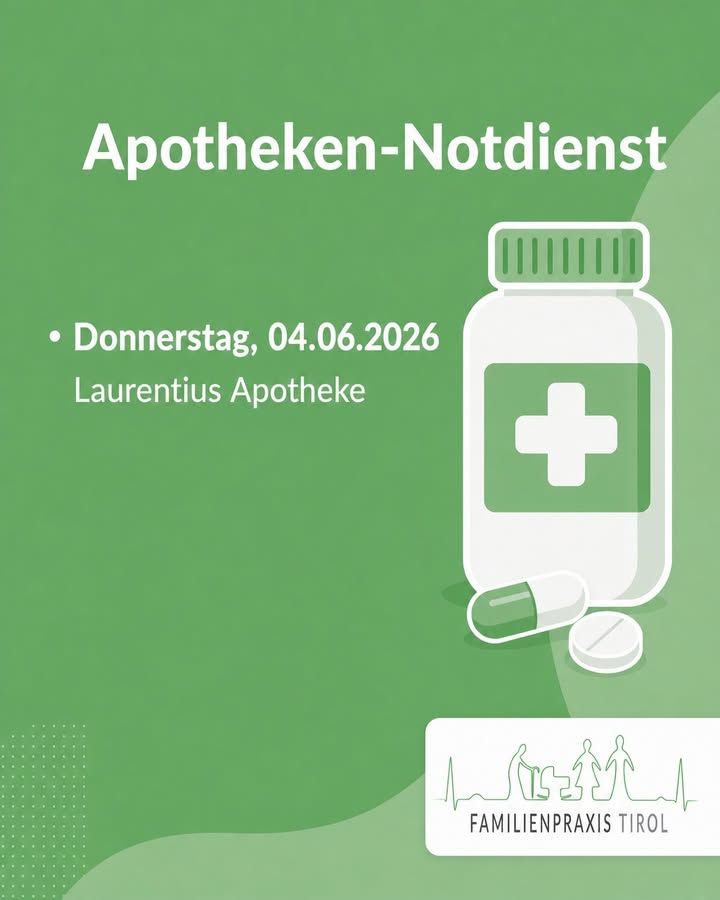 „Apotheken-Notdienst“ neben einer gezeichneten Medikamentenflasche mit Kreuz: Donnerstag, 04.06.2026, Laurentius Apotheke.