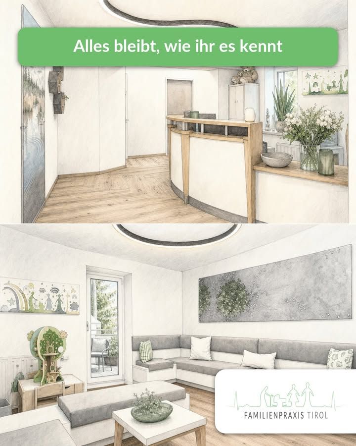 „Alles bleibt, wie ihr es kennt“ — zwei gezeichnete Innenansichten der Praxis: oben der Empfangstresen aus hellem Holz mit Pflanzen und Blumen, unten das Wartezimmer mit Ecksofa, Couchtisch, einem Kinderspielturm und einem bunten Bild an der Wand.