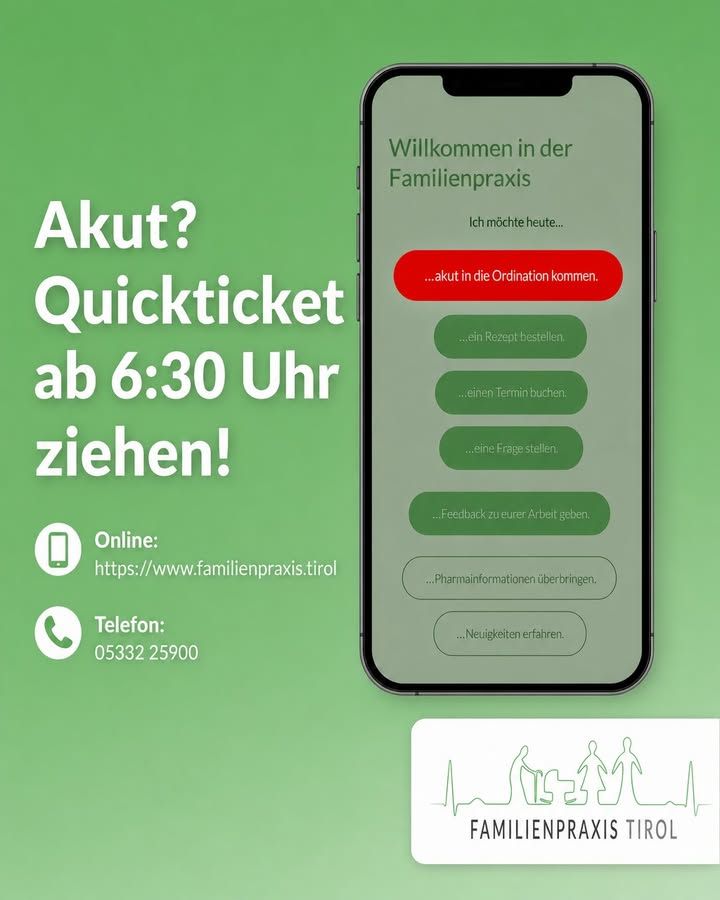 „Akut? Quickticket ab 6:30 Uhr ziehen!“ — daneben ein Handy, auf dem die Startseite der Familienpraxis Tirol zu sehen ist: „Ich möchte heute…“ mit der rot hervorgehobenen Auswahl „…akut in die Ordination kommen.“ und weiteren Möglichkeiten darunter. Links die Kontaktdaten https://www.familienpraxis.tirol und Telefon 05332 25900.