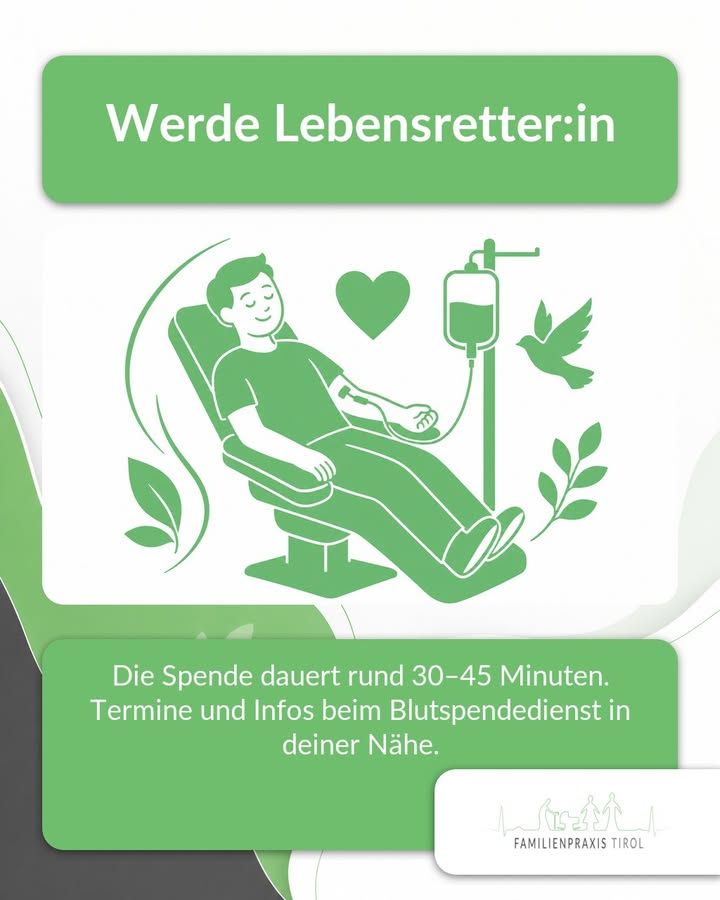 „Werde Lebensretter:in“ — Zeichnung einer entspannt liegenden Person auf einem Spendestuhl mit Blutdruckmanschette, daneben ein Herz, ein Infusionsbeutel und eine Taube. Darunter: Die Spende dauert rund 30–45 Minuten, Termine und Infos beim Blutspendedienst in deiner Nähe.