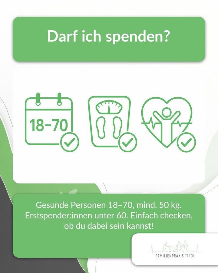 „Darf ich spenden?“ — drei Symbole mit Häkchen: ein Kalenderblatt mit 18–70, eine Personenwaage und ein Herz mit einer Figur darin. Darunter: Gesunde Personen 18–70, mindestens 50 kg, Erstspender:innen unter 60.