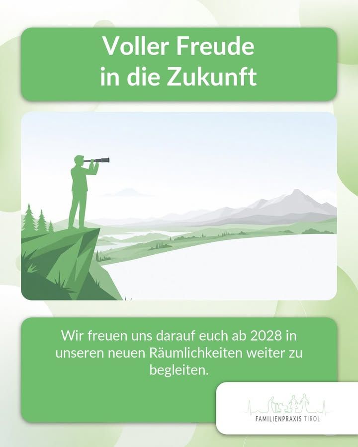 „Voller Freude in die Zukunft“ — Zeichnung einer Person, die von einem Hügel aus mit einem Fernrohr über eine weite Berglandschaft blickt. Darunter: Wir freuen uns darauf euch ab 2028 in unseren neuen Räumlichkeiten weiter zu begleiten.