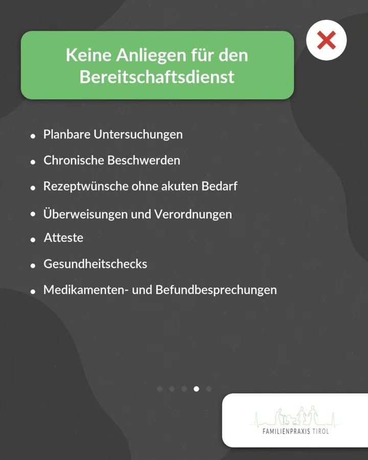 „Keine Anliegen für den Bereitschaftsdienst" steht in weißer Schrift auf einem grünen Balken, rechts oben ein weißer Kreis mit rotem Kreuz-Symbol (X). Der Hintergrund ist dunkelgrau mit angedeuteten Blattmustern. Darunter eine Aufzählung in weißer Schrift: „Planbare Untersuchungen", „Chronische Beschwerden", „Rezeptwünsche ohne akuten Bedarf", „Überweisungen und Verordnungen", „Atteste", „Gesundheitschecks", „Medikamenten- und Befundbesprechungen". Unter der Liste fünf Punkte, die die Position innerhalb des Beitrags anzeigen, der vierte ist hervorgehoben. Unten rechts das Logo der Familienpraxis Tirol mit einer Strichzeichnung von Familienfiguren.
