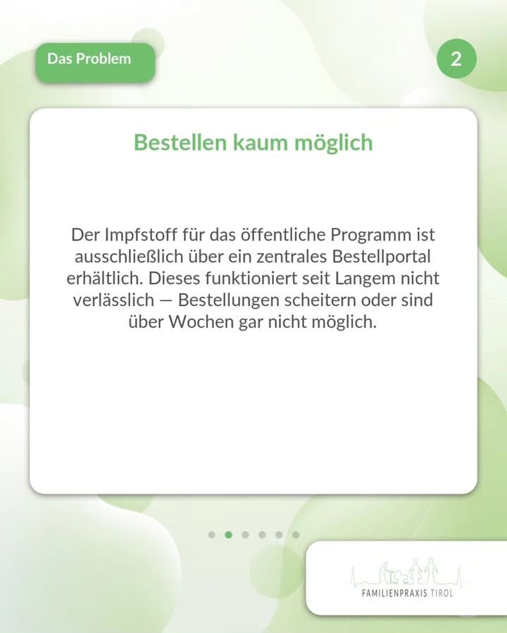 „Bestellen kaum möglich“ – diese grüne Überschrift steht auf einer weißen Karte in der Bildmitte. Darunter der Text: „Der Impfstoff für das öffentliche Programm ist ausschließlich über ein zentrales Bestellportal erhältlich. Dieses funktioniert seit Langem nicht verlässlich — Bestellungen scheitern oder sind über Wochen gar nicht möglich.“ Links oben kennzeichnet ein grünes Feld mit weißer Schrift das Thema „Das Problem“, rechts oben steht in einem grünen Kreis die Ziffer 2. Der Hintergrund ist weiß mit hellgrünen, ineinanderfließenden Kreisformen. Unter der Karte zeigen sechs Punkte die Position in der Folgenreihe an, der zweite ist grün hervorgehoben. Rechts unten das Logo der Familienpraxis Tirol mit Umrisszeichnung von Bergen und Familienfiguren.