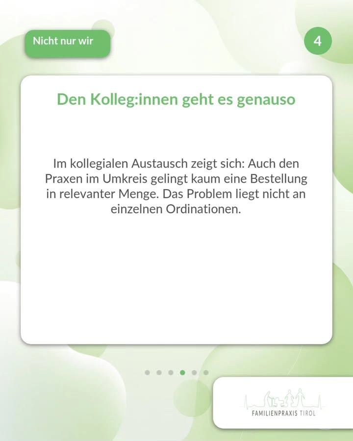„Den Kolleg:innen geht es genauso“ – diese grüne Überschrift steht auf einer weißen Karte in der Bildmitte. Darunter der Text: „Im kollegialen Austausch zeigt sich: Auch den Praxen im Umkreis gelingt kaum eine Bestellung in relevanter Menge. Das Problem liegt nicht an einzelnen Ordinationen.“ Links oben benennt ein grünes Feld mit weißer Schrift das Thema „Nicht nur wir“, rechts oben steht in einem grünen Kreis die Ziffer 4. Der Hintergrund ist weiß mit hellgrünen, ineinanderfließenden Kreisformen. Unter der Karte zeigen sechs Punkte die Position in der Folgenreihe an, der vierte ist grün hervorgehoben. Rechts unten das Logo der Familienpraxis Tirol mit Umrisszeichnung von Bergen und Familienfiguren.