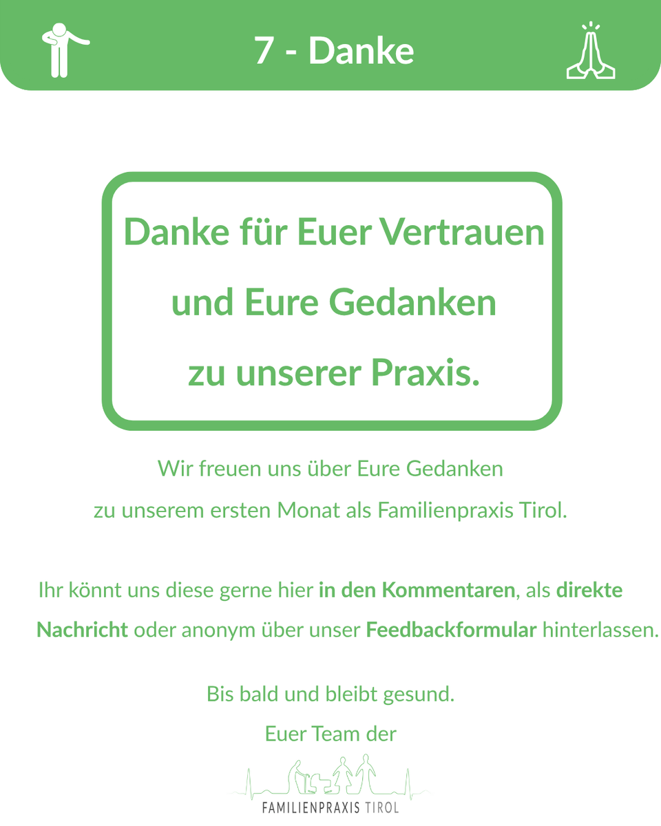 ankeschön zum Monatsrückblick: Die Familienpraxis Tirol freut sich über Vertrauen und Feedback der Patient:innen.