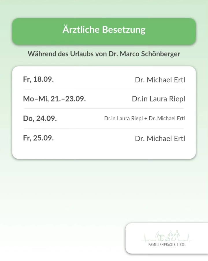 „Ärztliche Besetzung" steht in einem grünen Balken am oberen Rand, darunter die Zeile „Während des Urlaubs von Dr. Marco Schönberger". Auf einer weißen Karte folgt eine Liste mit Datum links und zuständiger Person rechts: „Fr, 18.09. – Dr. Michael Ertl", „Mo–Mi, 21.–23.09. – Dr.in Laura Riepl", „Do, 24.09. – Dr.in Laura Riepl + Dr. Michael Ertl", „Fr, 25.09. – Dr. Michael Ertl". Der Hintergrund ist hellgrün bis weiß, unten rechts das Logo der Familienpraxis Tirol mit Strichzeichnung von Erwachsenen, Kindern und einem Hund.