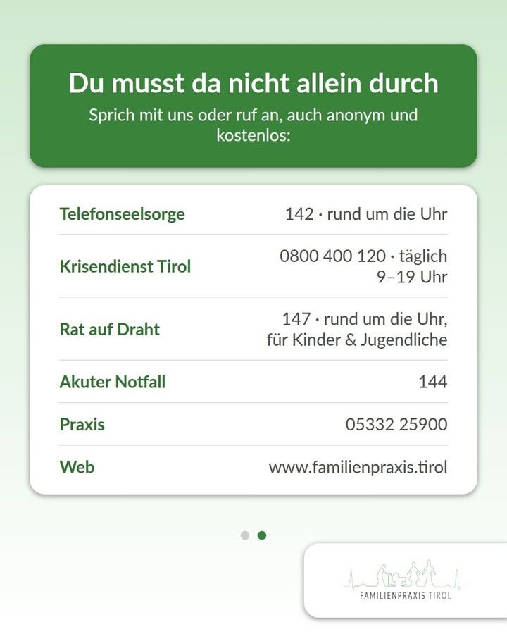 „Du musst da nicht allein durch“ – diese Überschrift steht in weißer Schrift auf einem grünen Feld am oberen Rand, darunter die Zeile „Sprich mit uns oder ruf an, auch anonym und kostenlos:“. Darunter listet eine weiße Karte Anlaufstellen auf, links jeweils die Bezeichnung in Grün, rechts die Kontaktangaben: Telefonseelsorge – 142, rund um die Uhr; Krisendienst Tirol – 0800 400 120, täglich; Rat auf Draht – 147, rund um die Uhr, für Kinder und Jugendliche; Akuter Notfall – 144; Praxis – 05332 25900; Web – www.familienpraxis.tirol. Unter der Karte zeigen zwei kleine Punkte an, dass dies das zweite von zwei Bildern ist. Der Hintergrund ist hell mit zartem Grünverlauf, rechts unten in einem weißen Feld das Logo der Familienpraxis Tirol mit einer Strichzeichnung von Figuren und Gebäuden.