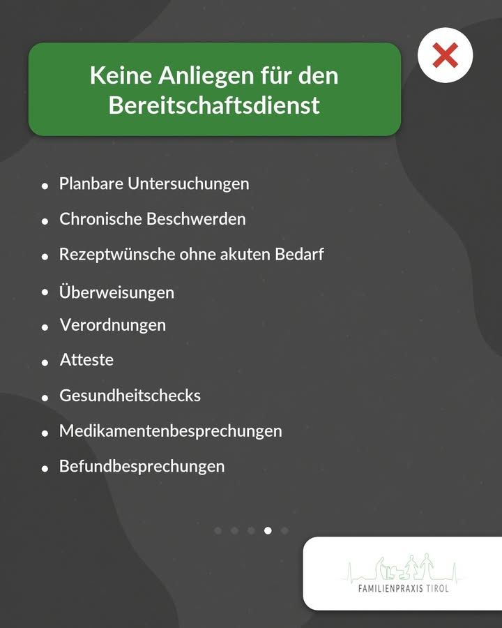 Keine Anliegen für den Bereitschaftsdienst – diese Überschrift steht in weißer Schrift auf einem grünen Kasten am oberen Rand, rechts daneben ein weißer Kreis mit rotem X. Darunter folgt auf dunkelgrauem Hintergrund eine Aufzählung in weißer Schrift: „Planbare Untersuchungen", „Chronische Beschwerden", „Rezeptwünsche ohne akuten Bedarf", „Überweisungen", „Verordnungen", „Atteste", „Gesundheitschecks", „Medikamentenbesprechungen" und „Befundbesprechungen". Unter der Liste zeigen fünf kleine Punkte die Position in der Bilderfolge an, der vierte ist hervorgehoben. Unten rechts auf weißem Feld das Logo der Familienpraxis Tirol mit Figuren- und Berglinie.