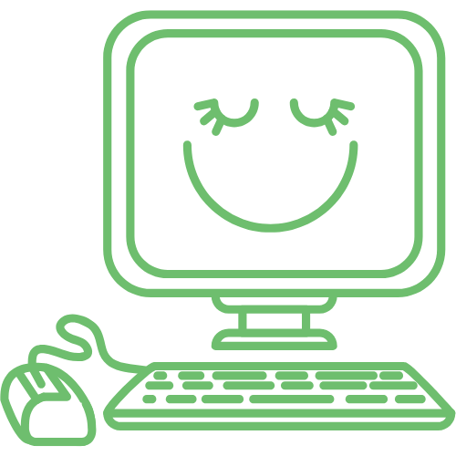 Computer mit lächelndem Bildschirm, Maus und Tastatur – Symbol für die digitale Praxisverwaltung